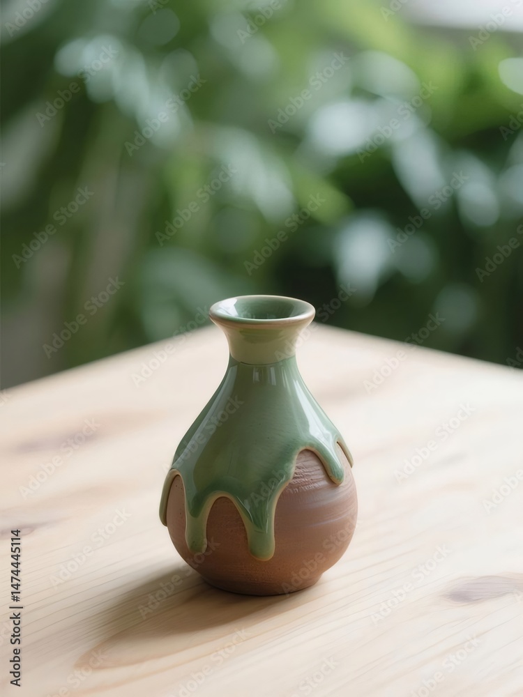 Aufkleber 木製のテーブルの上の緑の釉薬のディテールが付いた茶色の陶器の花瓶の静物と背景のぼやけた緑の植物