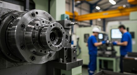 Fototapeta premium A man in a blue shirt is working on a machine with a man in a white helmet