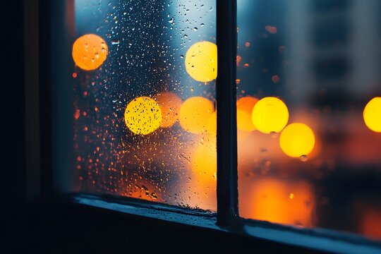 Close-up view of a rainy window with glowing urban lights in the background, evoking a calm, moody city night ambiance - Powered by Adobe