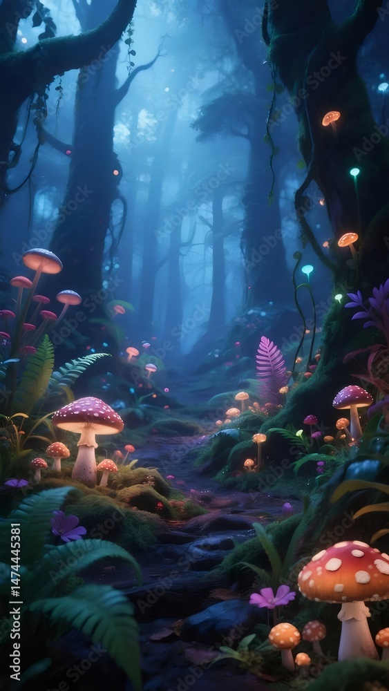 Aufkleber 霧深い青い森の風景 きのこや植物が茂る幻想的なドット絵の背景 冒険を誘う神秘的な森林風景