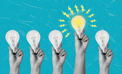 Hands holding light bulbs with illustrated lightning strikes on a turquoise background
