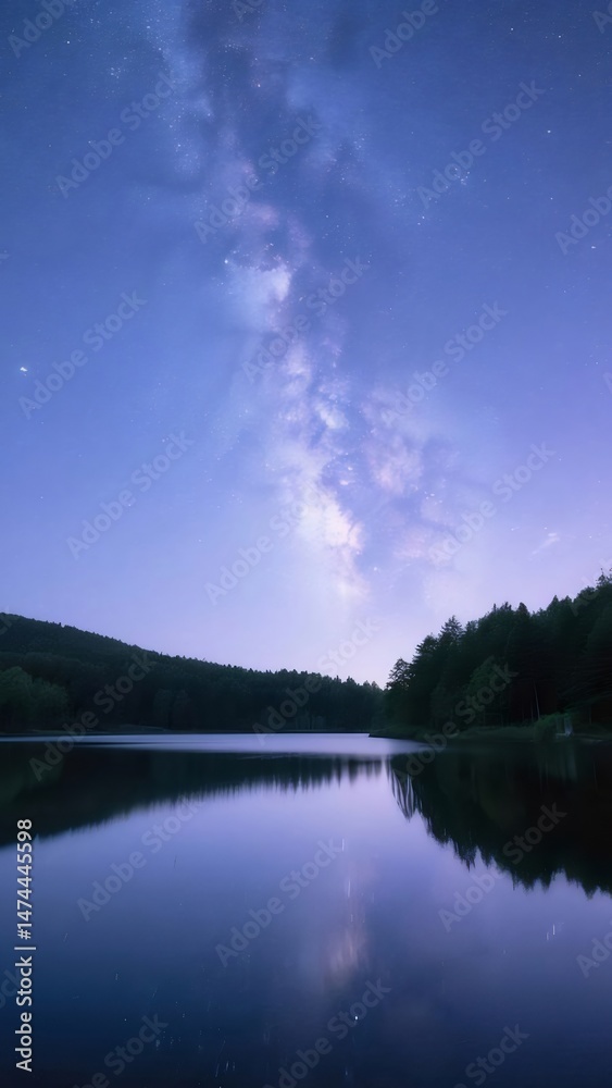 Poster 星明かりが輝く夜の湖 木々に囲まれた空と水面の反射 自然の美しさを捉えた風景