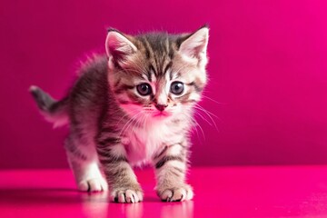 Adorable Curious Kitten Exploring White Background - Stock Photo