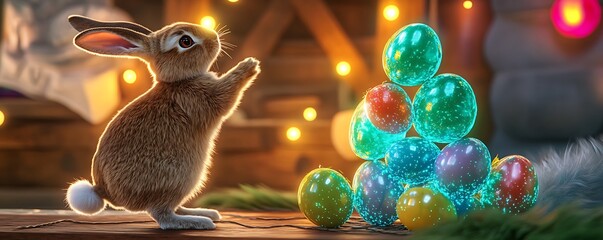 A bunny standing on its hind legs near a stack of glowing translucent Easter eggs on a wooden table