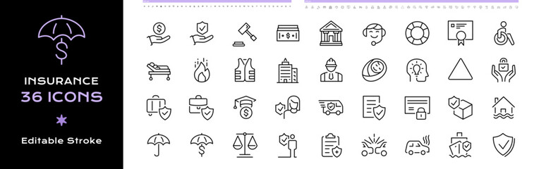 Insurance Line Icons Set Design Collection - Editable Vector Illustrator Stroke.