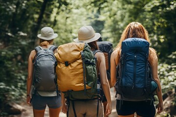 Women Hiking in Forest with Backpacks