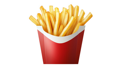 A set of freshly cooked French fries served in a red and white container, isolated on a transparent background