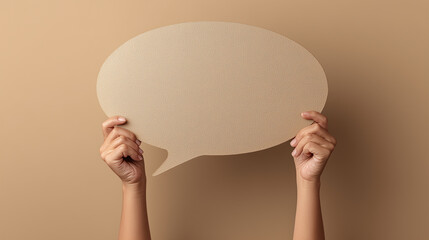 Hands Holding a Light Brown Speech Bubble Shape Against a Neutral Beige Background for Creative Communication Concept