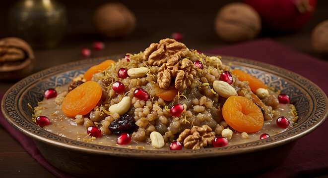 Aşure Noah's Pudding with Dried Fruits and Nuts Still Life for Food Blogs and Cultural Content