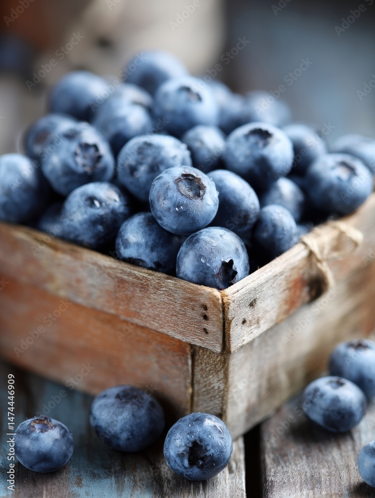 Leinwandbilder fresh blueberries in a rustic wooden box on a table with a soft blurred background