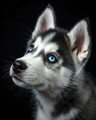 Obraz premium Siberian husky puppy with icy blue eyes looks up curiously in a dark setting