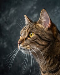 Fototapeta premium Profile of a tabby cat illuminated by a strong light creating a striking rim highlight