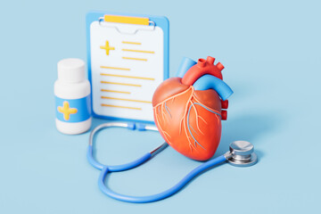 3d rendering medical heart and stethoscope medicine in blue background