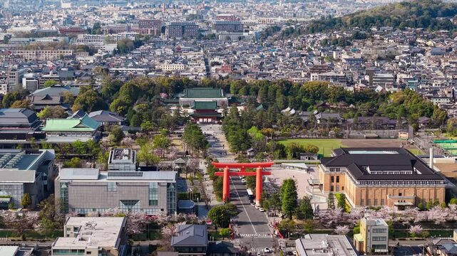 Aerial drone view of the Heian Jingu Shrine in daylight, Kyoto, Japan