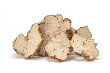 Close-up of sliced truffles on a white background.  Earthy tones and intricate marbling.