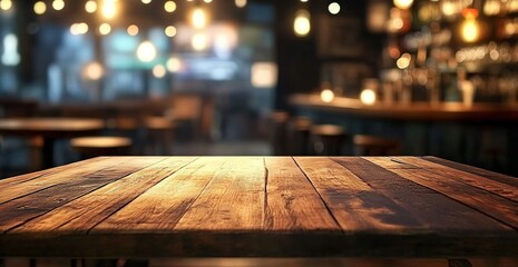 Wooden table in foreground with blurred bar counter, bottles, and warm lighting.