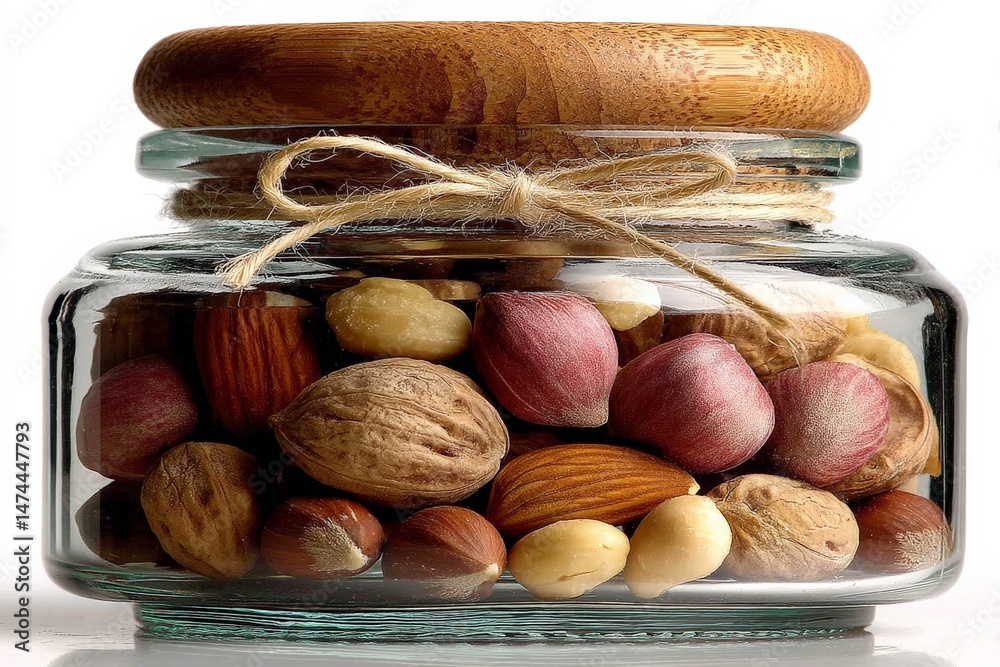 Aufkleber Decorative jar filled with an assortment of nuts in various colors displayed on a simple background