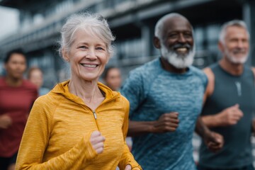 Smiling Active Seniors or elderly Running Together Outdoors