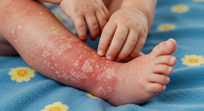 Baby leg with peeling skin, close-up detail for medical information, health articles, and dermatology visuals