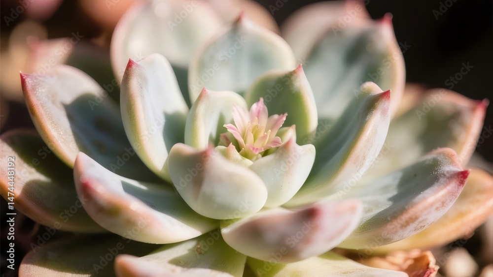 Aufkleber 淡い緑とピンクの色調のエケベリア多肉植物のクローズアップと柔らかな照明効果