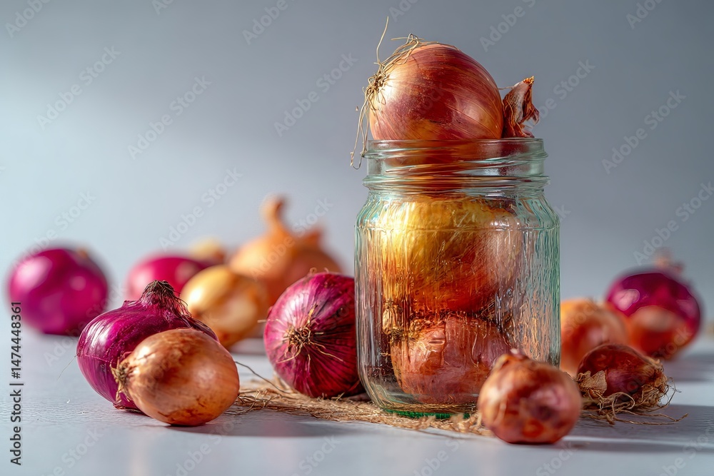 Poster freshly harvested onions displayed in a jar with scattered vegetables on a clean surface