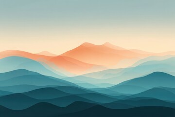 Fototapeta premium Minimalist illustration of layered mountains in soft blue and orange hues under a calm sky.