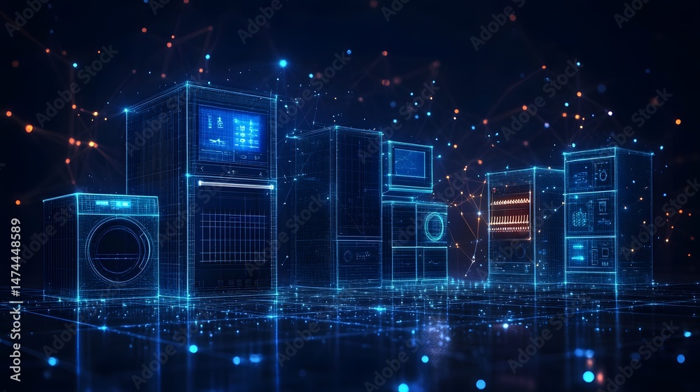 Poster futuristic network connecting smart appliances. washing machine and servers glow as blue wireframes,