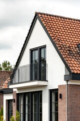 Obraz premium Nestled in a tranquil neighborhood, this stunning modern house features a stylish sloped roof and an inviting balcony, all beneath a soft, cloudy sky