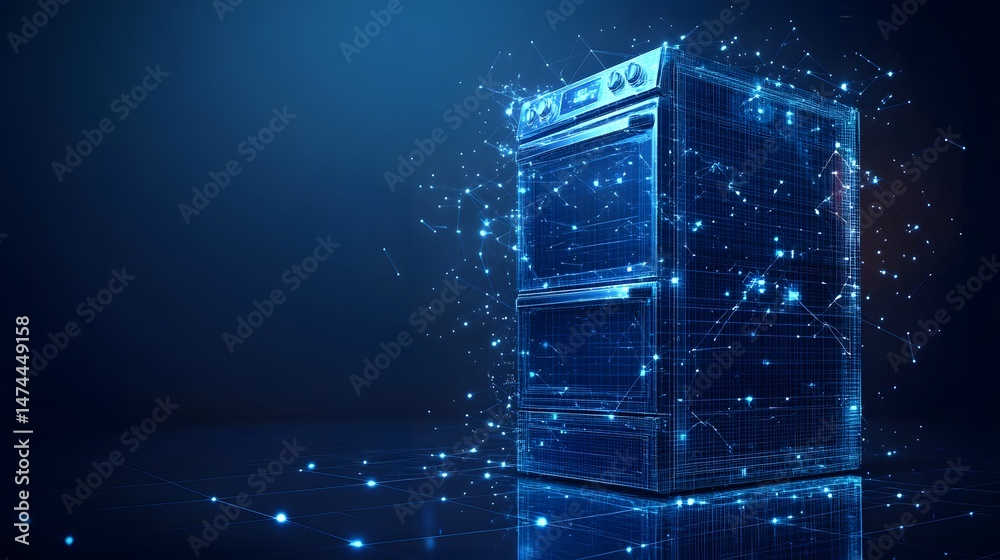 Poster Futuristic oven concept displayed in wireframe on a dark blue backdrop. Interconnected blue lines and dots evoke connectivity. Data-driven kitchen appliance. Abstract wireframe in dark blue.