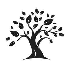 Obraz premium Stylized tree silhouette with curved trunk and leaves, nature emblem for eco design, or logo concept, tree vector silhouette, nature symbol, eco logo, forest emblem