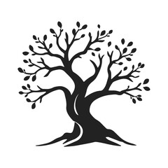 Stylized tree silhouette with curved trunk and leaves, nature emblem for eco design, or logo concept, tree vector silhouette, nature symbol, eco logo, forest emblem