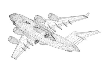 A black and white drawing of an airplane with a white background. The airplane is flying in the sky and has a very detailed design