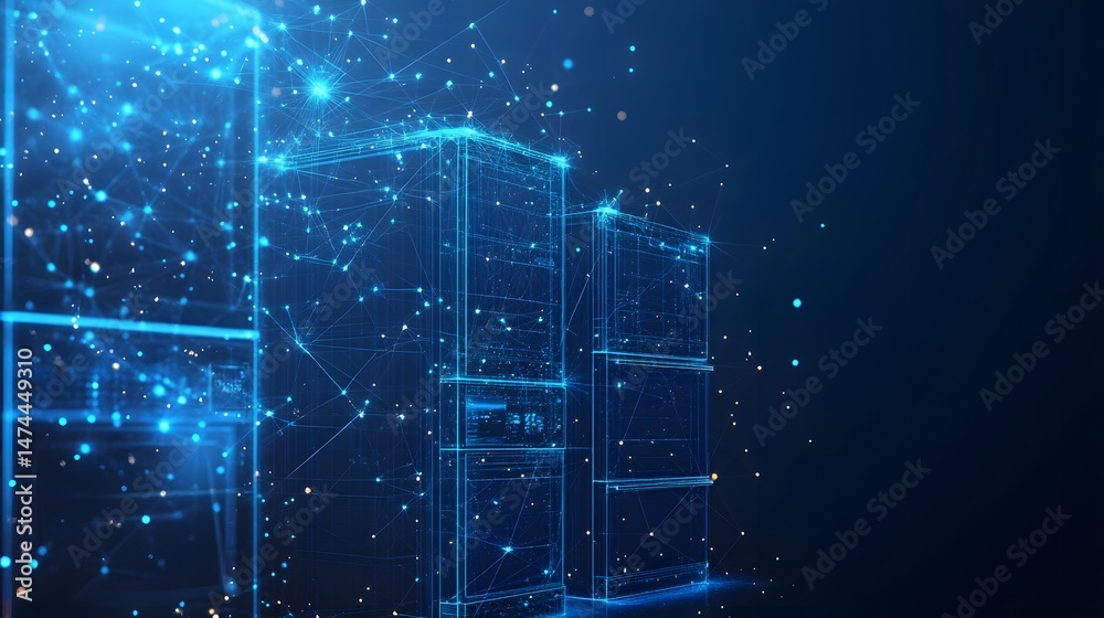 Poster Futuristic abstract data center representation. Glowing blue wireframes create a sense of interconnected systems, data flow, and technological advancement. Abstract wireframe in dark blue.