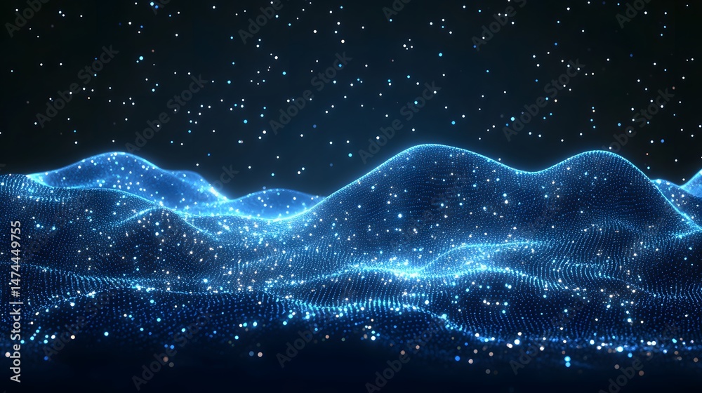 Poster Futuristic digital landscape with luminous blue dots forming abstract waves and a starry sky. A modern and otherworldly design perfect for tech-themed projects. Abstract wireframe in dark blue.