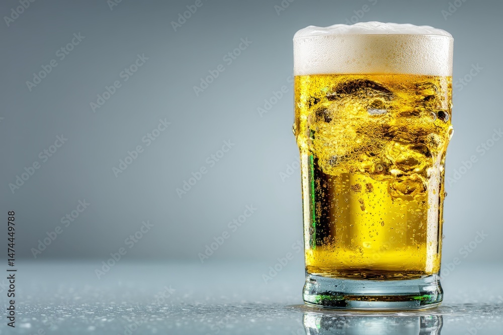 Aufkleber craft beer in a clear glass on a reflective surface with bubbles and foam rising above the rim in a 