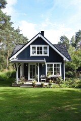 Charming blue cottage surrounded by greenery in a serene forest setting during daytime with sunlight streaming through the trees