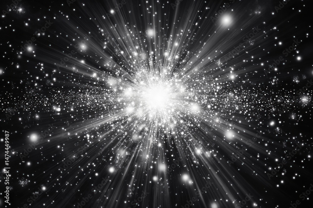 Wall mural burst of light from a distant galaxy in deep space abstract background black and white view