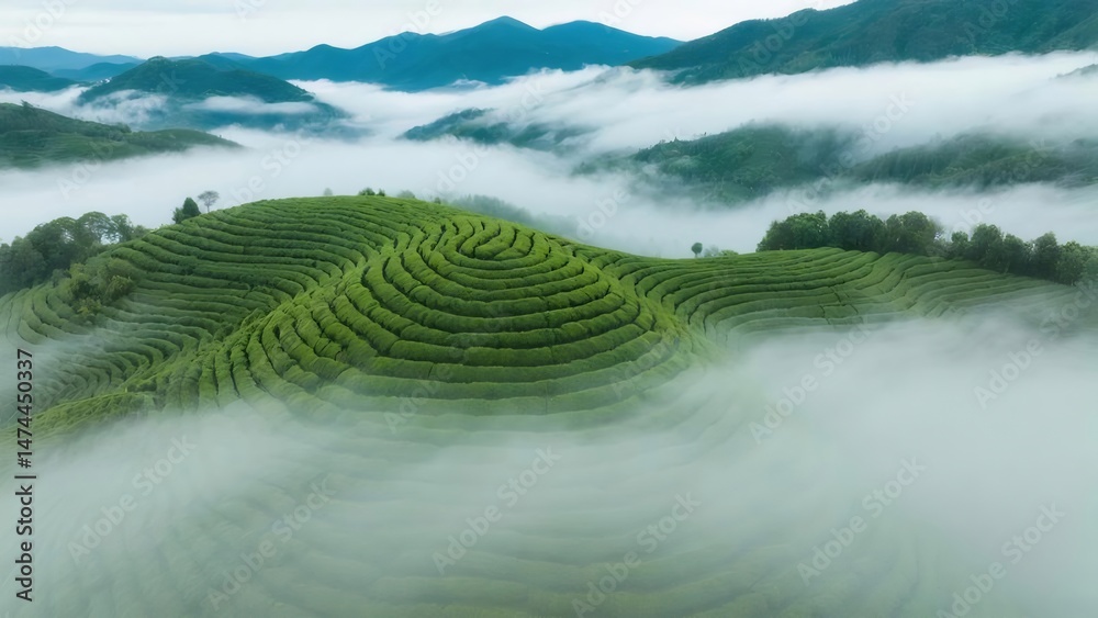 Poster 緑豊かな茶畑と霧がかった山々の穏やかな風景 グリーンとホワイトの色合いの曲線的なテラスが美しい日本の丘陵地帯の農業景観