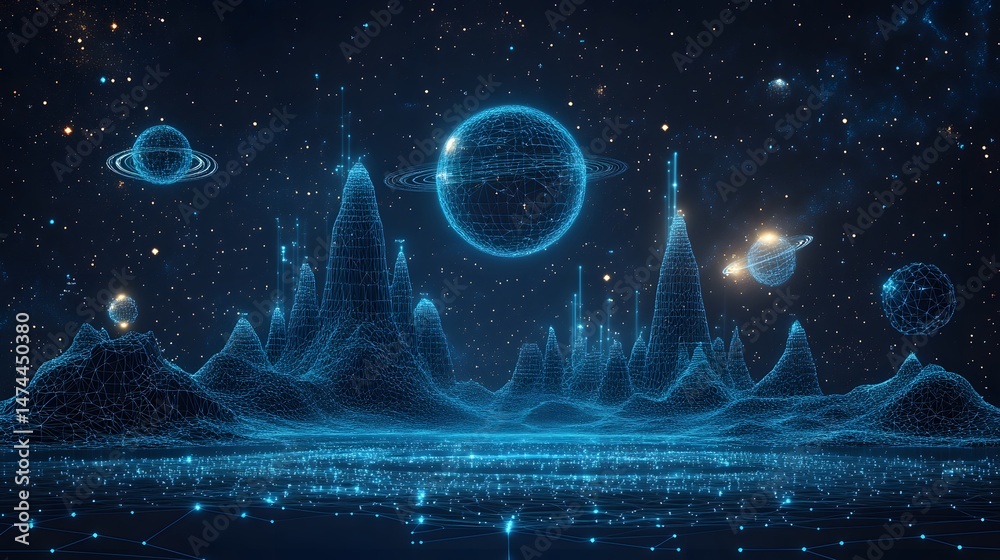 Poster a surreal digital landscape featuring wireframe planets and mountains under a starlit sky. the blue 