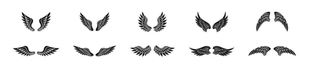 Bird wings with feathers vector flat set.