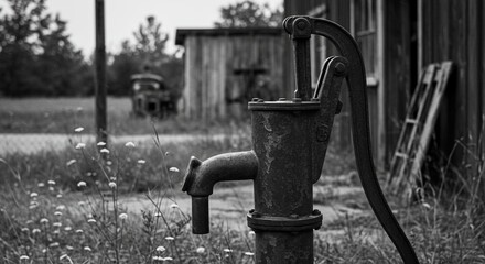 A rusty old water pipe is sitting in a field
