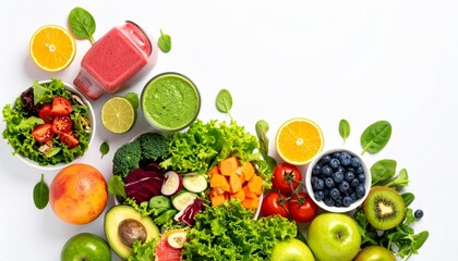 Overhead view of a colorful healthy meal including salad, smoothie, and fresh ingredients.