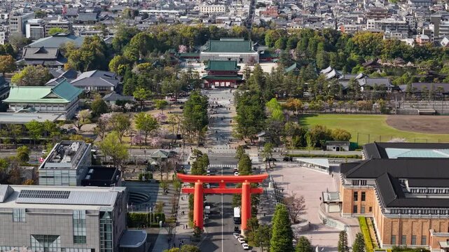 Aerial drone view of the Heian Jingu Shrine in daylight, Kyoto, Japan