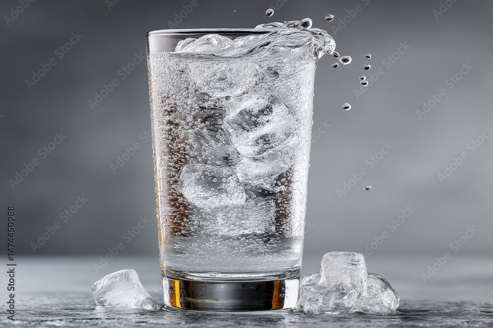 Poster refreshing glass of carbonated water with ice cubes splashing on a gray background