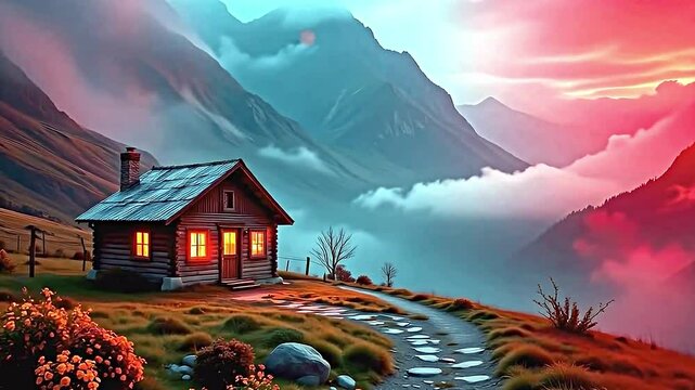serene mountain landscape dusk quaint wooden cabin nestled grassy hillside. cabin illuminated warm glowing lights from its windows casting cozy inviting atmosphere. stone pathway winds its...