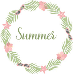 Vector hand drawn frame of palm leaf and sunglasses and hibiscus isolated.