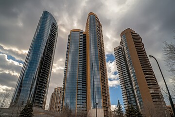 Obraz premium Modern Glass Skyscrapers Reaching Upwards Under Cloudy Grey Sky View, Urban