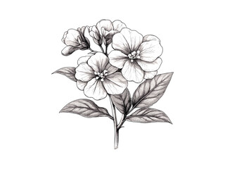 Bouvardia flower engraving, vintage hand-drawn floral art, black sketch, antique botanical illustration, trendy floral decor, nature sketch, classic old engraving style, decorative floral drawing.