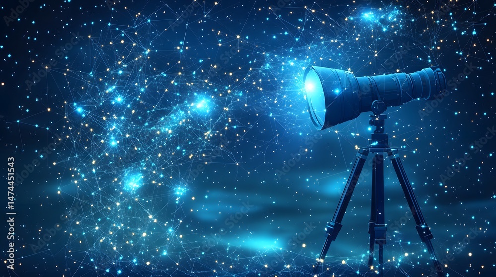 Poster a telescope points towards a star-filled sky, representing cosmic exploration. the dark blue abstrac