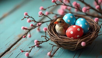 Obraz premium A small bird sitting in a nest with three colorful eggs.